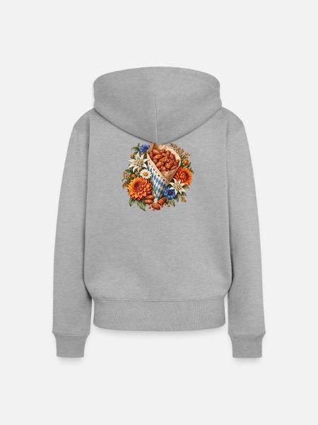 Gebrannte Mandeln mit Edelweiß & Blumen - Frauen Premium Bio Zip Hoodie - Grau meliert