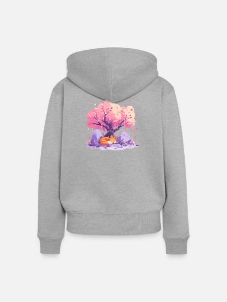 Schlaffuchs unter Kirschbaum - Frauen Premium Bio Zip Hoodie - Grau meliert