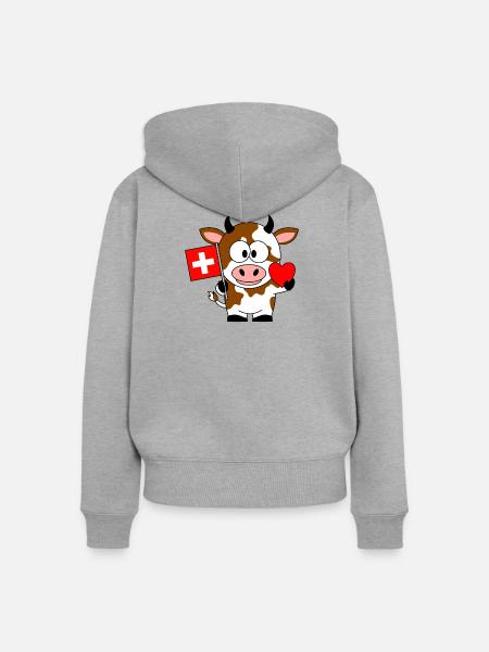 Kuh mit Schweizer Flagge und Herz - Frauen Premium Bio Zip Hoodie - Grau meliert