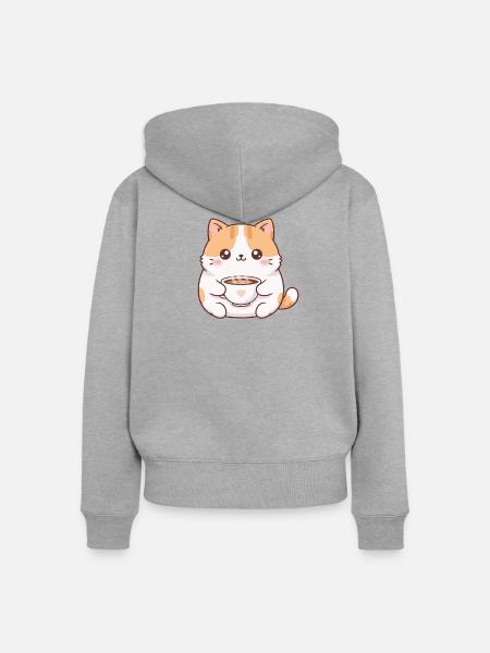 Katze mit Kaffee - Frauen Premium Bio Zip Hoodie - Grau meliert