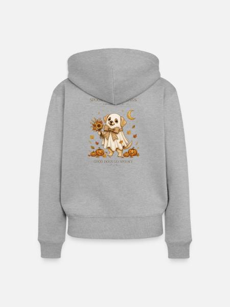 Gruseliger Geisterwelpe mit Kürbissen - Frauen Premium Bio Zip Hoodie - Grau meliert