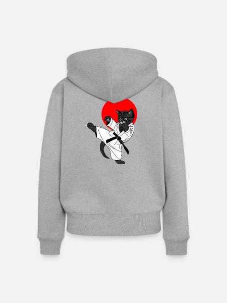 Schwarze Katze Karate Sonne - Frauen Premium Bio Zip Hoodie - Grau meliert