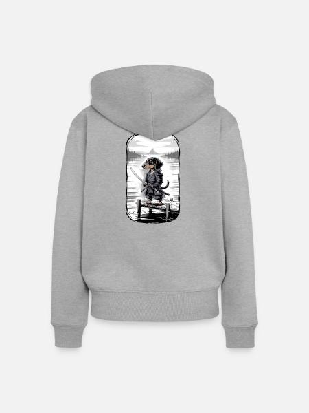 Dackel Samurai am See - Frauen Premium Bio Zip Hoodie - Grau meliert