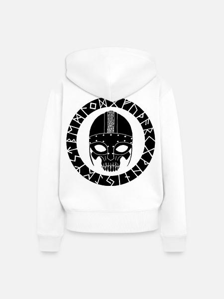 Schwarzer Totenkopf und Wikinger-Runen - Frauen Premium Bio Zip Hoodie - Weiß