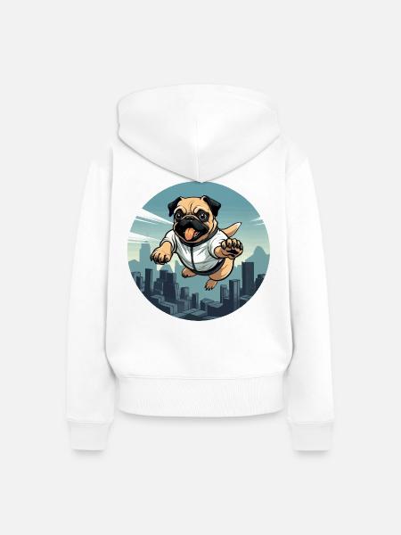 Pug im Sprung über Skyline - Frauen Premium Bio Zip Hoodie - Weiß