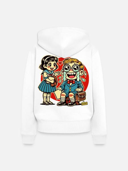 Retro Schulkinder mit Herz Hintergrund - Frauen Premium Bio Zip Hoodie - Weiß