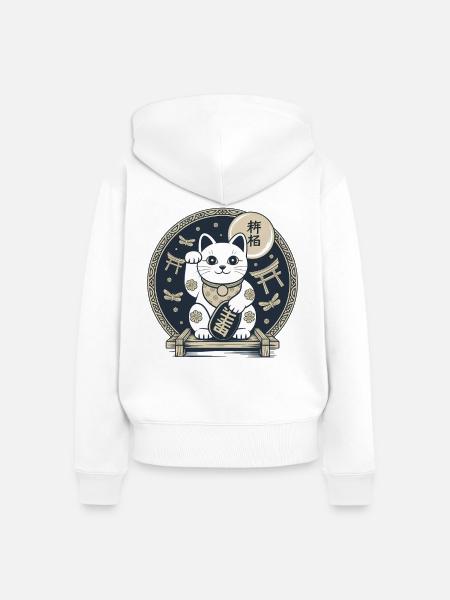 Maneki Neko Nachtmedaillon - Frauen Premium Bio Zip Hoodie - Weiß