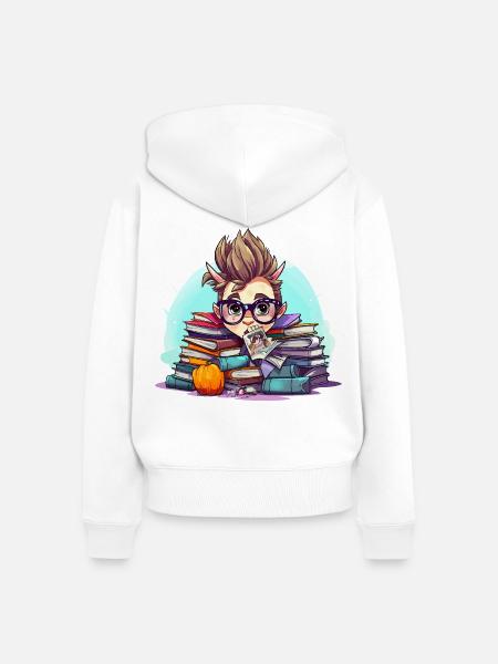 Büchernerd im Bücherstapel - Frauen Premium Bio Zip Hoodie - Weiß
