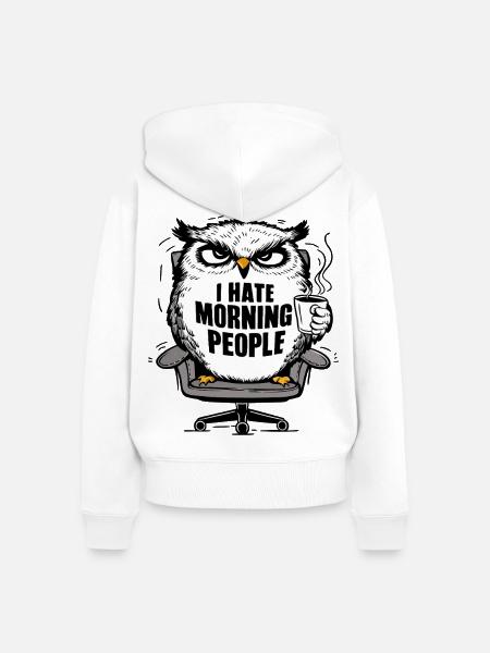 Morgenmuffel Eule mit Kaffee - Frauen Premium Bio Zip Hoodie - Weiß