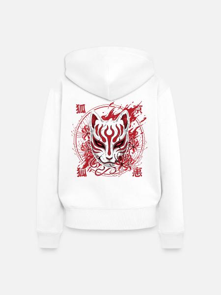 Kitsune Maske Rot-Weiß - Frauen Premium Bio Zip Hoodie - Weiß