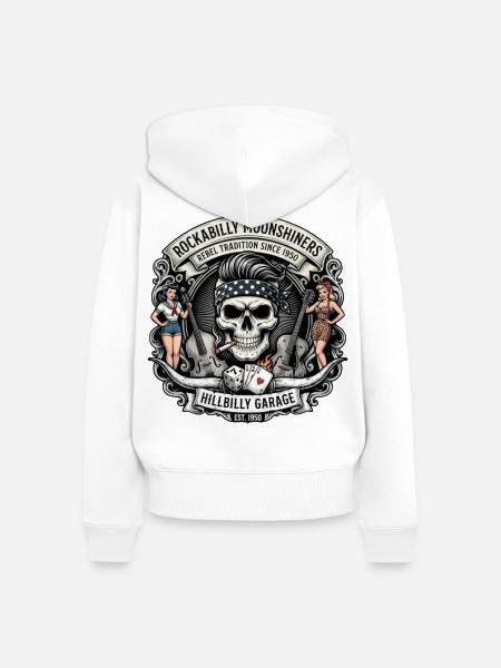 Rockabilly Moonshiners Schädel Garage - Frauen Premium Bio Zip Hoodie - Weiß