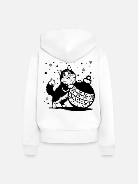 Süße flauschige Katze mit Weihnachtskugel - Frauen Premium Bio Zip Hoodie - Weiß