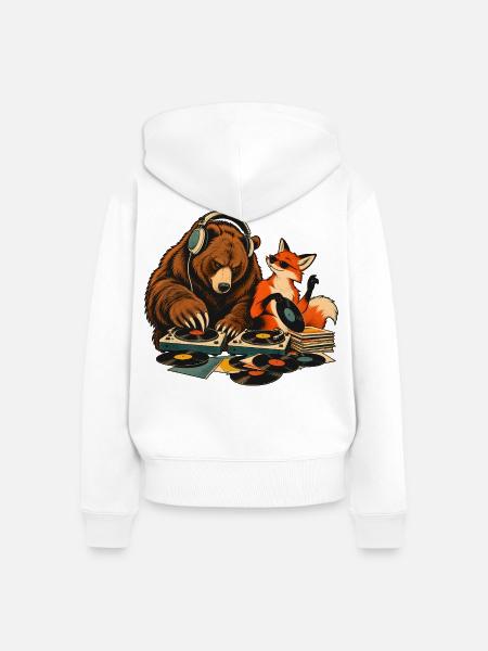 Bär & Fuchs als Vinyl DJs – Musikduo - Frauen Premium Bio Zip Hoodie - Weiß