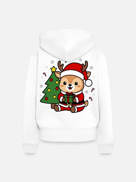 Süßes Kawaii-Hirsch-Weihnachtsbaum-Weihnachtsbaumgeschenk - Frauen Premium Bio Zip Hoodie - Weiß