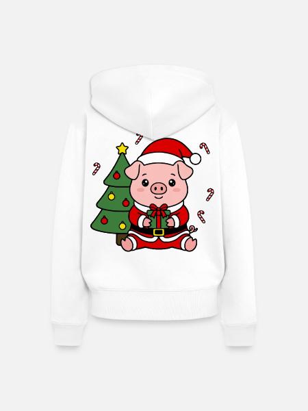 Niedliche Kawaii Pig Santa Weihnachtsbaum-Geschenkbaumkunst - Frauen Premium Bio Zip Hoodie - Weiß