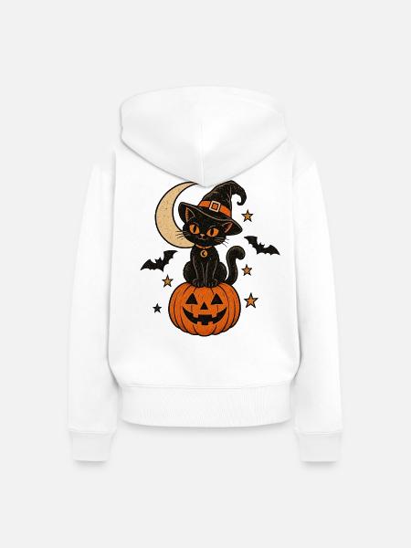 Magische Halloween Katze & Kürbis - Frauen Premium Bio Zip Hoodie - Weiß