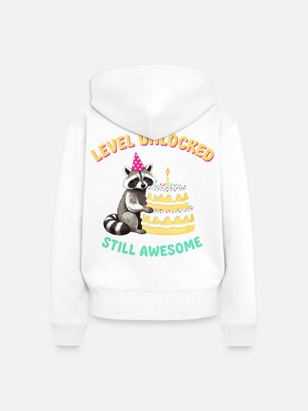 Level Freigeschaltet Waschbär am Kuchen - Frauen Premium Bio Zip Hoodie - Weiß