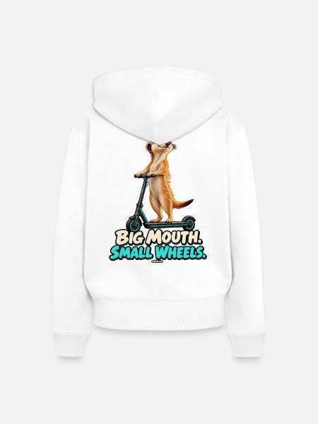 Big Mouth, Small Wheels – Erdmännchen - Frauen Premium Bio Zip Hoodie - Weiß