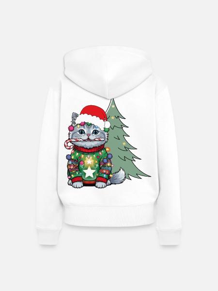 Weihnachtskatze mit Lichtkette - Frauen Premium Bio Zip Hoodie - Weiß