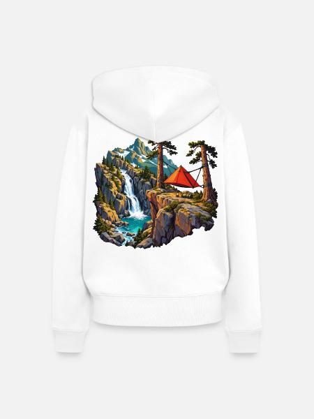 Felskessel-Camp mit Hängezelt und Wasserfall - Frauen Premium Bio Zip Hoodie - Weiß