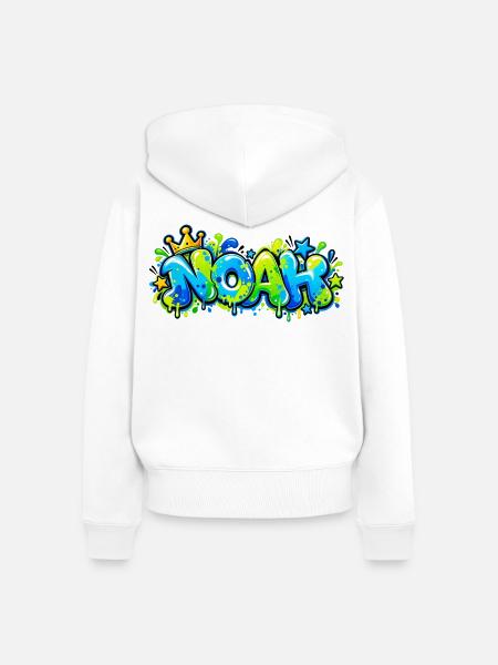 Noah Graffiti Name: Königskrone Neonblasenbuchstaben - Frauen Premium Bio Zip Hoodie - Weiß