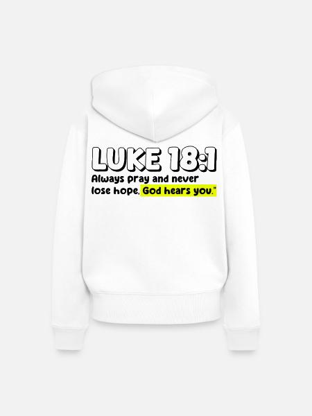 Lukas 18:1 | Bibelzitat - Frauen Premium Bio Zip Hoodie - Weiß