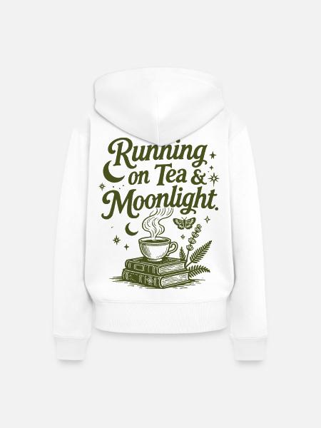 Running on Tea & Moonlight Spruch - Frauen Premium Bio Zip Hoodie - Weiß