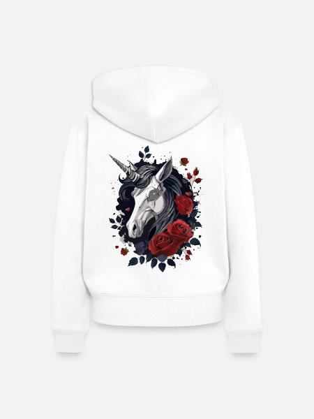 Dark Gothic Einhorn mit Rosen - Frauen Premium Bio Zip Hoodie - Weiß