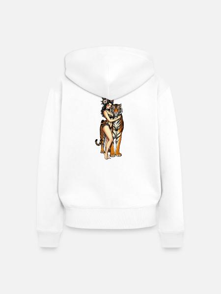 Pin-up-Mädchen mit Tiger - Frauen Premium Bio Zip Hoodie - Weiß
