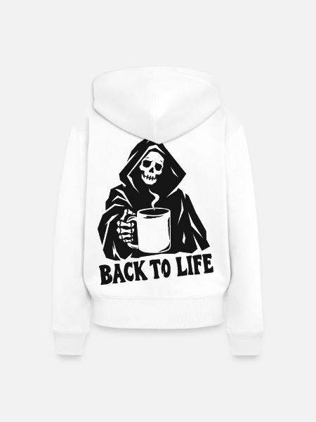 Sensenmann-Kaffee: Zurück ins Leben - Frauen Premium Bio Zip Hoodie - Weiß