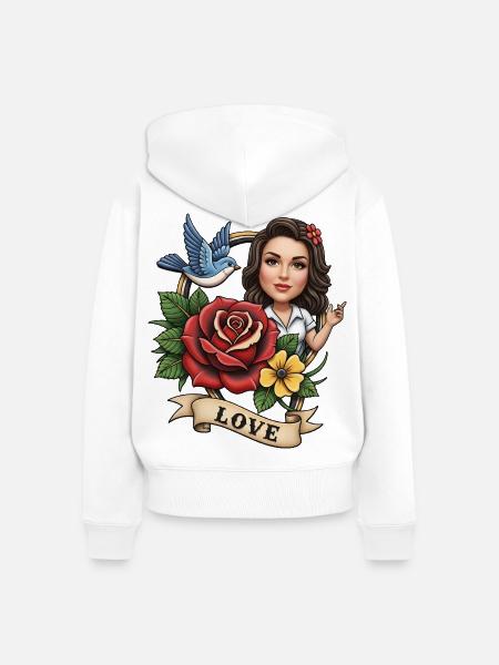 Romantisches Blumenporträt mit Vogel - Frauen Premium Bio Zip Hoodie - Weiß
