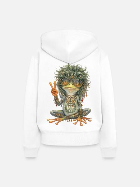 Aquarell-Design: Hippie-Frosch mit Peace-Zeichen - Frauen Premium Bio Zip Hoodie - Weiß