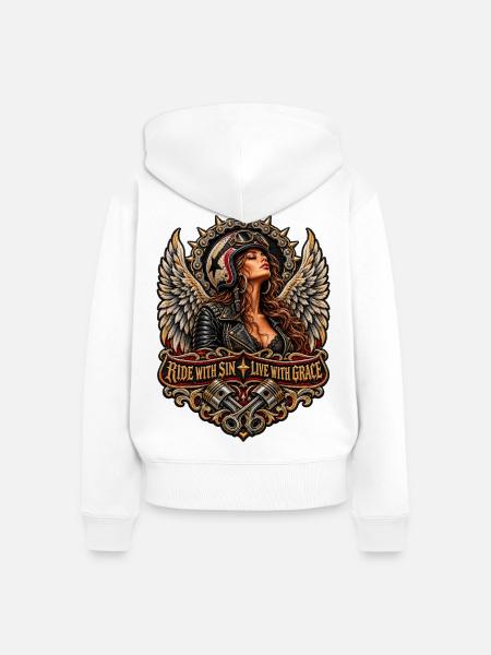 Flügelbikerin: Ride with Sin - Frauen Premium Bio Zip Hoodie - Weiß