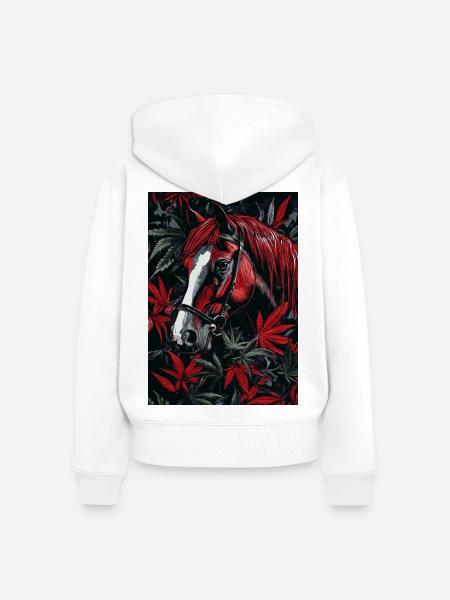 Rotes Pferd mit Blattwerk im Dunkelwald - Frauen Premium Bio Zip Hoodie - Weiß