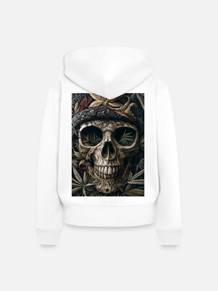 Schädel mit Hanfblattkranz - Frauen Premium Bio Zip Hoodie - Weiß