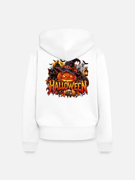 Halloween Kürbiszauber mit Hexenkatze - Frauen Premium Bio Zip Hoodie - Weiß