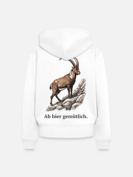 Steinbock Ab hier gemütlich - Frauen Premium Bio Zip Hoodie - Weiß
