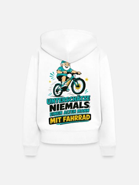 Unterschätze NIEMALS alten Mann mit Fahrrad - Frauen Premium Bio Zip Hoodie - Weiß