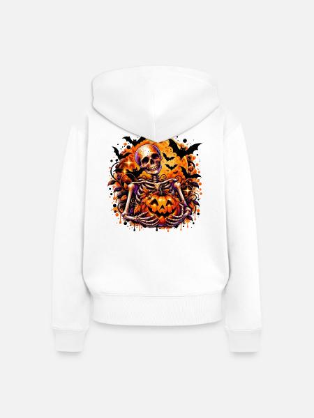 Skelett mit Pumpkin Halloween-Motiv - Frauen Premium Bio Zip Hoodie - Weiß