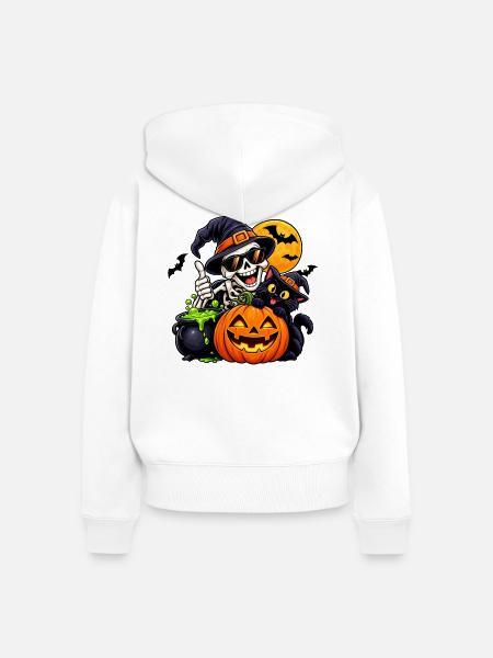 Halloween Skelett Hexenkatze Kürbis - Frauen Premium Bio Zip Hoodie - Weiß