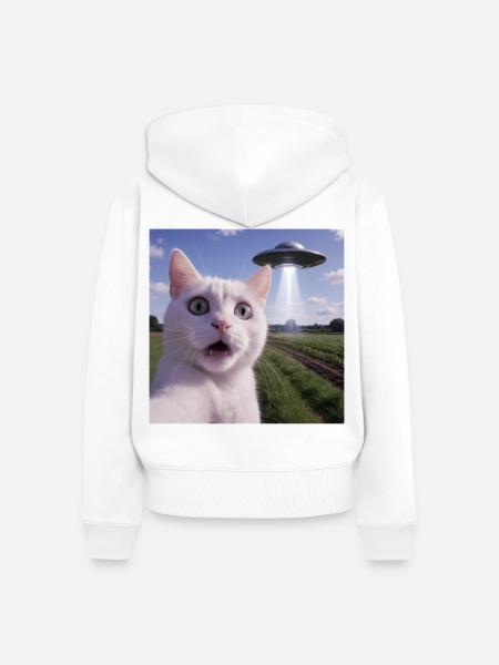 Katzen-Selfie mit Alien-UFO - Frauen Premium Bio Zip Hoodie - Weiß