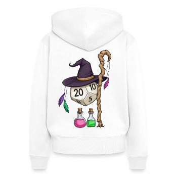 W20 mit Magierhut & Zauberstab – Fantasy Dice - Frauen Premium Bio Zip Hoodie - Weiß - Hinten - AI Model Female 172 light (172cm)