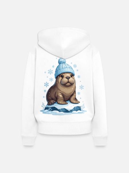 Winter-Seelöwe mit blauer Mütze - Frauen Premium Bio Zip Hoodie - Weiß