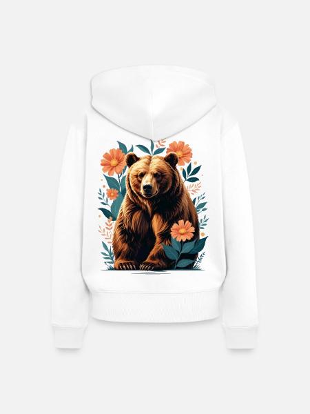 Braunbär im Blütenrahmen - Frauen Premium Bio Zip Hoodie - Weiß