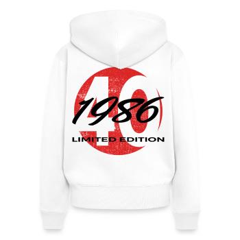 40e anniversaire 1986 cadeau pour hommes et femmes - Sweat à capuche zippé Premium bio Femme - blanc - Dos - AI Model Female 172 light (172cm)