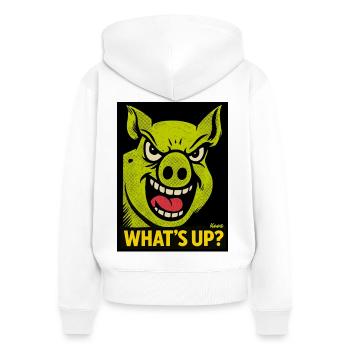 Porc souriant avec Qu’est-ce qui se passe ? - Sweat à capuche zippé Premium bio Femme - blanc - Dos - AI Model Female 172 light (172cm)