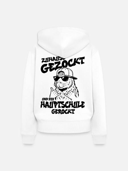 Zuhause gezockt Hauptschule gerockt Schulabschluss - Frauen Premium Bio Zip Hoodie - Weiß