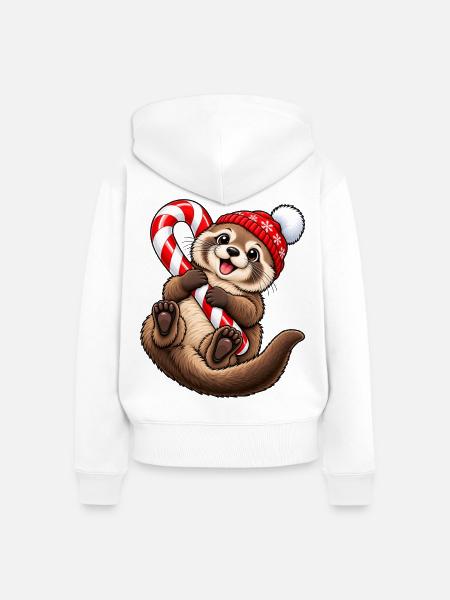 Süßer Otter mit Wintermütze & Zuckerstange - Frauen Premium Bio Zip Hoodie - Weiß