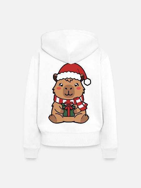 Niedliche Capybara-Weihnachtsmütze mit Weihnachtsmann-Hut-Geschenkbox - Frauen Premium Bio Zip Hoodie - Weiß