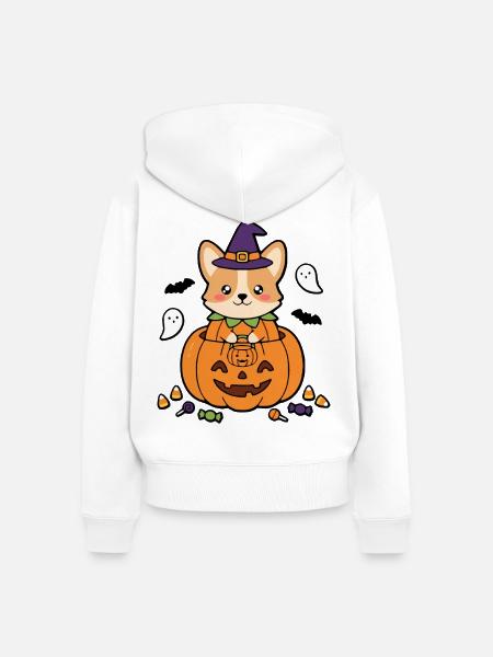 Süßes Kawaii-Corgi-Kürbis-Hexenhut-Halloween-Geschenk - Frauen Premium Bio Zip Hoodie - Weiß